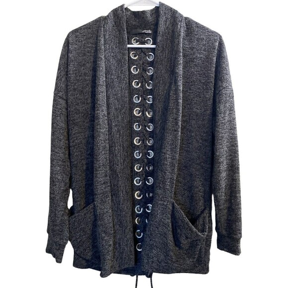 ARIELLA Womens Cardigan Medium Gray Open Front Cardigan Pockets Eyelet Tie Back - Picture 2 of 8